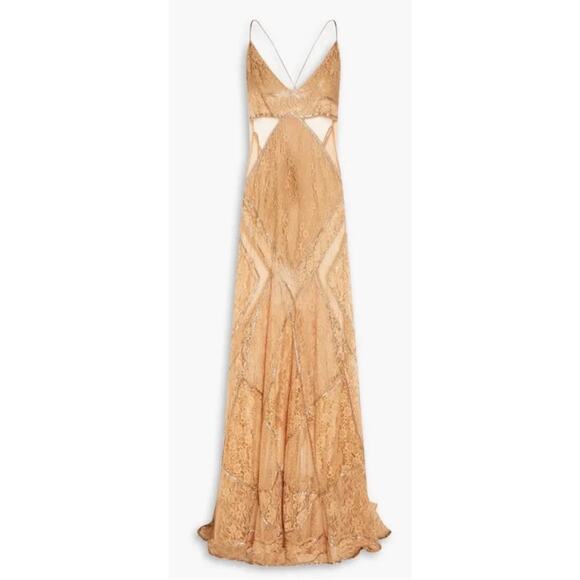 Retrofete Gianni Sequin Beaded Embellished Sheer Lace Champagne Maxi Dress Sz S - Picture 5 of 12